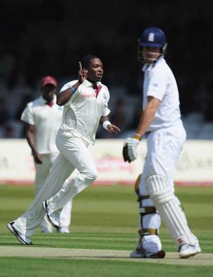 Fidel Edwards sets off in celebration after bowling Alastair Cook, England v West Indies, 1st Test, Lord's, May 6, 2009