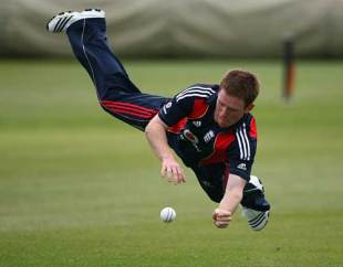 Eoin Morgan throws himself around during training, Bristol, May 23, 2009