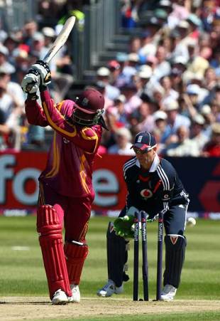 Chris Gayle is bowled by Graeme Swann after a brisk 31, England v West Indies, 2nd ODI, Bristol, May 24, 2009
