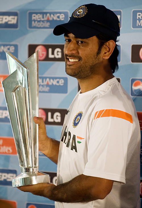 MS Dhoni poses with the World Twenty20 trophy