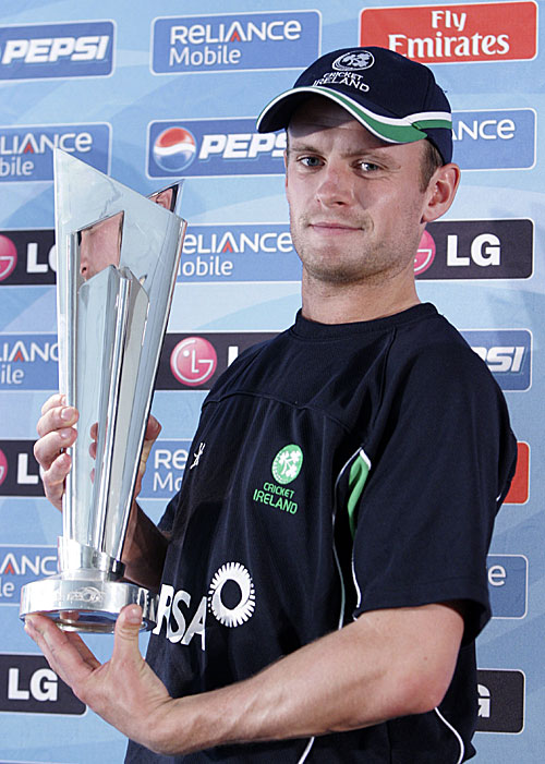 Ireland captain William Porterfield poses with the World Twenty20 trophy