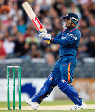 Virender Sehwag hits a six, New Zealand v India, 1st Twenty20 international, Christchurch, February 25, 2009